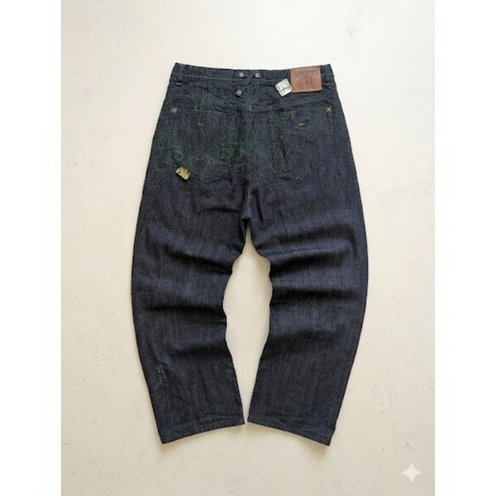 Y2K Akademiks Mens 38 Dark Wash Embroidered Baggy‎ Jeans Hip Hop Skater